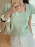Version Gentle Style Knitted Sweater Women's New Style 2024 Spring And Summer 100 Small Square Collar With Short Sweater Bottomed And Short Sleeves-Outfit