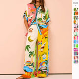 Fongt Women's Clothing 2026 New Fashion Print Tight Waist Pocket Wide Leg Pants Casual Suit Women's Summer