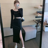 Fongt New Suit Hottie Exposed Umbilled Long-Sleeved Top + High Waist Open Half-Body Bag Skirt Two