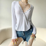 Fongt Girl Wind Low Chest Reasted Basic Knit Long Sleeve T Shirt Loose Versatile Lazy Feeling Casual Top-Outfit