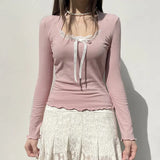Fongt Girl Wind Lace Stitching Bow Long Sleeve T Shirt Square Collar Pit Strip Slim Solid Color Bottom Top-Outfit