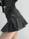 Buckle Belt Pleated Denim Mini Skirt-Outfit