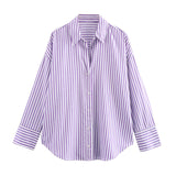 Fongt 2023 New Women's Long Sleeve Lapel Loose Striped Silk Shirt 4387036-Outfit