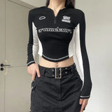 Color Spliced Zipper Slimming To Show Thin Function Irregular Blouse 2024 Printed Spice Girl Long-Sleeved T-Shirt-Outfit