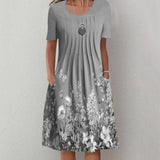Floral Print Round Neck Pocket Mid-length