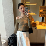 Fongt Xixi 2025 Autumn New White Label Elegant Oblique Shoulder Imitation Wool Knitted Shirt Long Sleeve Top Sweater 89603