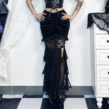 Spring 2024 New Dark Wrinkled Fishtail Multi-Layer Spliced Forked Skirt Women's Dress-Outfit