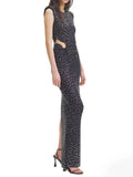 High-End Women's Hot Diamond Sexy Fork Perspective Sleeveless Dress Thin Ass Dress