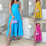 Fongt Spot 2024 Summer New Women's Fashion Pure Color Versatile Medium Long Sling Dress-Outfit