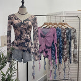 Dizziness Printing Mesh T-Shirt T-Shirt Irregular Lotus Leaf Side Ribbon Short Coat