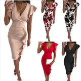 Fongt New Multi-Color Printing Dress V Collar Lotus Edges Sexy High-Waisted