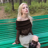 Fongt Do Old Butterfly Print Horn Sleeve T-Shirt New One Line Shoulder Slim Top Women-Outfit