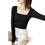 Fongt Square Collar Undershirt With The 2024 New Fall Tight Low Collar Long-Sleeved T-Shirt-Outfit