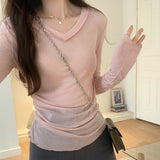 Slim, V-Collar, Straight Shoulder, Long-Sleeved T-Shirt, New Autumn Pleated Blouse, Solid Color Bottomed Shirt.-Outfit