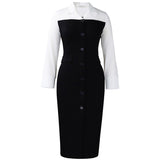 Fongt Women's Autumn And Winter Women's Fashion Career Long-Sleeved Suit Collar Splicing Bag-Gushion Pencil Dress Dress