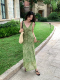 Fongt Xixi 2025 Summer New Korean Version Of High-Waisted Holiday Sling Dress V-Neck Print Pure Desire Skirt 88353