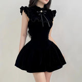 Ruffle Sleeve High Neck Velvet Black Mini Dress-Outfit
