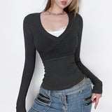 Lace Splice Crossover Long Sleeve Knit Tee-Outfit