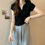 Fongt T-Shirt Women Summer New Short Net Red Hollow Knitted Shirt Full Set Thin Polo Collar Short Sleeve Top