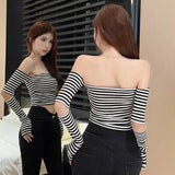 Shoulder T Shirt Spring Autumn Slim Casual Expose Navel Stripe Long Sleeves Women's Crop Top Korean Version-Outfit