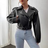 Fongt Women's ZA Autumn And Winter New Slad Zipper Belt Collar Leather PU Jacket