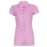 Ladies Short Sleeve Mini Playsuits Solid Color Buttons Lapel Romper Jumpsuits Shorts Women Casual Homewear Clothes