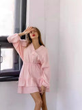 Fongt Summer New Solid Color Long-Sleeved Dress Temperament V Collar Thin A Dress