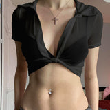 Fongt Girl Lapel Perspective Mesh Shirt Top Spring 2023 New Sexy Short Style With Short Sleeve Thin Shirt-Outfit