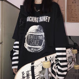 Fake two pieces tshirt Casual Letter Printed O-Neck stripe Tees Patchwork oversized T-Shirts Women Long Sleeve black