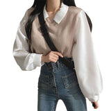 Fongt Plus Size Fat Mm Fake Two T-Shirt Female Splicing POLO Collar Long Sleeve Hoodie Screw Thread Loose Versatile