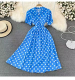Fongt Summer French Retro Skinny Bubble Short-Sleeved V-Neck A-Shaped Dress Elegant Temperament Long Dress