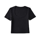 Trendy Women's Sexy Large U-Collar Short Navel Blouse Tight Solid Color Pullover Short-Sleeved T-Shirt-Outfit