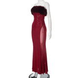 Strapless Red Feather Mesh Maxi Dress-Outfit