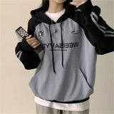Vintage Logo Print Raglan Striped Sleeve Hoodie-Outfit