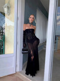 Autumn/Winter 2024 New Black Lace Breast Dress Long Dress Women's Gloves Three-Piece