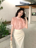 Fongt Xixi 2025 Summer New Korean Version Of The Temperament Flower Chiffon Short-Sleeved Shirt Women Top Women 89362