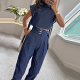 Fongt 2025 New Solid Color Flying Sleeve Drifting With Short Tops To Wear Straight Trousers Set