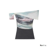 Fongt 2025 Spring New Dizzy Mesh Knitting Splicing Shoulder Lady T-Shirt Folded Top