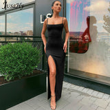 Elegant Vestidos Outfits Women Spaghetti Strap Sexy Split Solid Slim Lady Ankle Fashion Classic Length Maxi Dresses