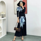 Stand Collar Three Quarter Sleeve Printing Blouse High Waist Long Skirt Pleated 2 Piece Sets For Women 2024 Summer TH4149-Outfit