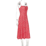Red Floral Print Strap Split Midi Dress-Outfit