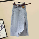 Women Streetwear Spring Denim Skirts Sets Korean Long Sleeve Casual Blouse And Side Split Skirt Two Piece Set