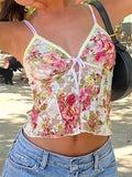 Women Spaghetti Strap Camis Top Floral Print V-neck Front Split Tie-Up Sleeveless Tank Summer Slim Fit Mini Vest 2023-Outfit