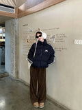 Navy Blue Bow Stripe Puffer Jacket-Outfit