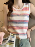 New Rainbow Striped Vest Round Neck Sweater Thin Ice Wire Halter Top-Outfit