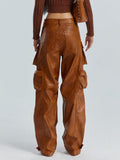 Fongt Cargo Pants Fall 2024 New Personality Splicing Loose PU Leather Pants Casual Wide-Leg Pants Women-Outfit
