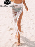 Knitted Tassel Beach Skirts Grid Cut out Split Bag Hip Midi Skirts Summer Sexy Beach Party Holiday Club Straight