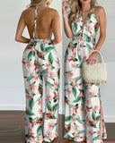 New Style Women Floral Print Long Jumpsuits Summer Sleeveless Deep V-neck Backless Halter Loose Jumpsuit For Holiday