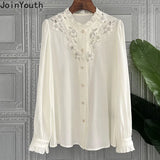 Women Tops Stand Neck Long Sleeve Ruffles Blouses Fashion White Shirts Hollow Out Vintage Shirts Femme Blusas