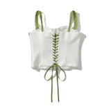 New Color Lace-Up Trim Short Halter Top-Outfit